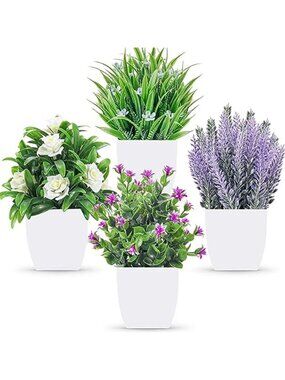 4 Pack Fake Plants Small Artificial Potted Faux Flowers Home Office Decor Indoor